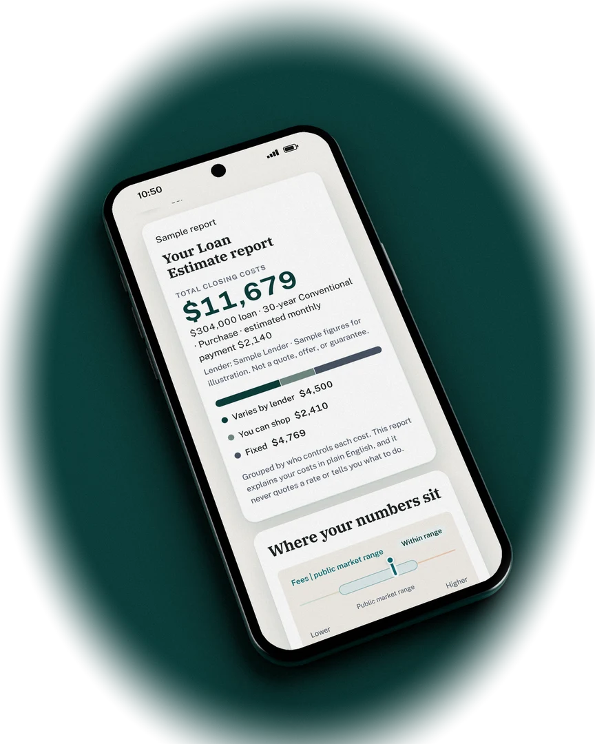A phone showing a KnowMyLoan sample report: total closing costs and where the fees and rate sit against public market data.