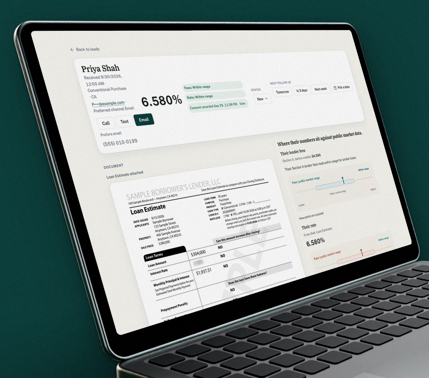 A laptop showing a KnowMyLoan lead detail page with the Loan Estimate attached, the fee and rate read, and recorded consent.